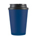 A coffee cup with a blue exterior and a black handle lid, designed for drinkware use. A coffee cup with a blue exterior and a black handle lid, designed for drinkware use.