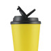 A yellow coffee cup with a black handle lid, featuring a logo on the side. A yellow coffee cup with a black handle lid, featuring a logo on the side.