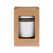 A reusable coffee cup in a white color with a silicone lid, packaged in a brown cardboard box. A reusable coffee cup in a white color with a silicone lid, packaged in a brown cardboard box.