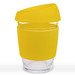 A reusable coffee cup with a clear glass body and a bright yellow silicone lid and sleeve. Features a logo. A reusable coffee cup with a clear glass body and a bright yellow silicone lid and sleeve. Features a logo.