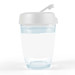 A reusable coffee cup in clear glass with a white flip lid and blank white band. Features a logo. A reusable coffee cup in clear glass with a white flip lid and blank white band. Features a logo.