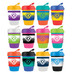 A collection of reusable coffee cups in various colors, featuring silicone bands and logo designs. A collection of reusable coffee cups in various colors, featuring silicone bands and logo designs.