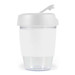 A drink bottle featuring a clear lower section and a white silicone band, topped with a matching white lid. A drink bottle featuring a clear lower section and a white silicone band, topped with a matching white lid.