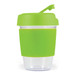 A reusable coffee cup with a clear base and a bright green silicone band and lid. A reusable coffee cup with a clear base and a bright green silicone band and lid.