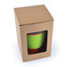 A reusable coffee cup in vibrant green, packaged in a cardboard box with a clear window. A reusable coffee cup in vibrant green, packaged in a cardboard box with a clear window.