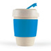 A reusable coffee cup with a light beige body and a blue silicone band, featuring a blue lid with a spout. A reusable coffee cup with a light beige body and a blue silicone band, featuring a blue lid with a spout.
