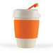 A reusable coffee cup in white and beige with an orange silicone band and lid, featuring a logo. A reusable coffee cup in white and beige with an orange silicone band and lid, featuring a logo.