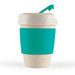 A reusable coffee cup in a creamy color with a teal silicone band and lid. It features a small drinking spout. A reusable coffee cup in a creamy color with a teal silicone band and lid. It features a small drinking spout.