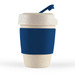 A reusable coffee cup in a cream color with a navy silicone band and a blue lid featuring a flap. A reusable coffee cup in a cream color with a navy silicone band and a blue lid featuring a flap.