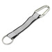 A grey reflector key ring with a silver carabiner and metal ring for attachment. Features a logo.