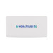 A white power bank with a logo on the front, featuring indicator lights for battery status.