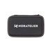A black carrying case with a zip closure, featuring a logo on the front.