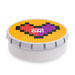 A round mint tin with a colorful pixelated heart design in red and purple on a yellow background. A round mint tin with a colorful pixelated heart design in red and purple on a yellow background.