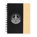 A black spiral notebook with a natural kraft cover on one side and a logo on the front.