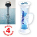 A transparent hourglass shower timer with blue sand, featuring a logo, alongside a shower head with water flowing. A transparent hourglass shower timer with blue sand, featuring a logo, alongside a shower head with water flowing.