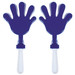 A set of two blue hand-shaped clappers with clear handles.