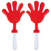 A pair of colorful red hand-shaped clappers with transparent handles.