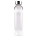 A drink bottle with a clear glass body and a white silicone sleeve, featuring a silver metal cap.