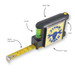 A contractor tape measure with a yellow measuring tape, black casing, a level, pen holder, and pad. It has a logo. A contractor tape measure with a yellow measuring tape, black casing, a level, pen holder, and pad. It has a logo.