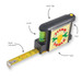 A black and yellow tape measure features a level, pen, belt clip, and a notepad. It has a logo on the side. A black and yellow tape measure features a level, pen, belt clip, and a notepad. It has a logo on the side.