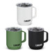 A set of three CamelBak Horizon Vacuum Camp Mugs in white, green, and black featuring a clear lid and handle. A set of three CamelBak Horizon Vacuum Camp Mugs in white, green, and black featuring a clear lid and handle.