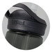 A drink bottle in dark grey with a black lid, featuring a logo and a flip-top spout.