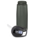 A drink bottle in dark green with a black lid and straw, featuring a branding logo.