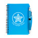 A blue spiral notebook with a pen attached, featuring a logo on the cover. A blue spiral notebook with a pen attached, featuring a logo on the cover.
