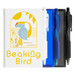 A white pocket notebook with a colorful design and three pens in black, blue, and translucent colors. A white pocket notebook with a colorful design and three pens in black, blue, and translucent colors.