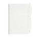 A white pocket notebook with a pen attached. The notebook features a cover and an integrated pen holder for convenience. A white pocket notebook with a pen attached. The notebook features a cover and an integrated pen holder for convenience.