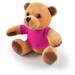 A plush teddy bear in brown with a pink shirt, featuring round eyes and soft, cuddly material. A plush teddy bear in brown with a pink shirt, featuring round eyes and soft, cuddly material.