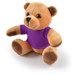 A plush teddy bear in brown with a purple shirt, featuring round eyes and soft paws, sitting upright. A plush teddy bear in brown with a purple shirt, featuring round eyes and soft paws, sitting upright.