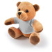 A plush teddy bear with light brown fur and dark brown accents, wearing a plain gray shirt. A plush teddy bear with light brown fur and dark brown accents, wearing a plain gray shirt.