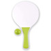 A paddle and ball set featuring a large white paddle with a green handle and a small green ball. A paddle and ball set featuring a large white paddle with a green handle and a small green ball.