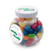 A clear container filled with assorted color mini jelly beans, featuring a playful logo on the lid. A clear container filled with assorted color mini jelly beans, featuring a playful logo on the lid.
