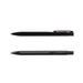 A set of black metal pens, showcasing a sleek design with a clip. Both pens have a shiny finish.