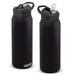 A drink bottle in matte black with a spout and a carry handle, featuring a logo on the side. A drink bottle in matte black with a spout and a carry handle, featuring a logo on the side.