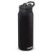 A drink bottle in matte black with a lid and a logo on the base, designed for vacuum insulation. A drink bottle in matte black with a lid and a logo on the base, designed for vacuum insulation.