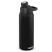 A drink bottle in matte black with a push-cap lid and a handle, featuring a logo on its side. A drink bottle in matte black with a push-cap lid and a handle, featuring a logo on its side.