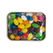 A silver rectangular tin filled with assorted color mini jelly beans in various vibrant hues. A silver rectangular tin filled with assorted color mini jelly beans in various vibrant hues.