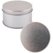 A silver round tin with a fitted lid, showcasing a smooth metallic finish.