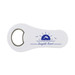 A drink bottle opener with a sleek white design featuring a blue sunset graphic and the text "Sunnydale Resort." A drink bottle opener with a sleek white design featuring a blue sunset graphic and the text "Sunnydale Resort."