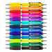 A collection of vibrant plastic pens in various colors, each with a silver clip and a logo.