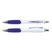 Two plastic pens with white barrels and purple grips, featuring silver accents and a logo on one. Two plastic pens with white barrels and purple grips, featuring silver accents and a logo on one.