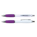 Two plastic pens with a white barrel and purple grip, featuring silver accents. One pen has a clip. Two plastic pens with a white barrel and purple grip, featuring silver accents. One pen has a clip.