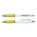 A collection of two Viva Pens with a white barrel and bright yellow accents, each featuring a chrome trim. A collection of two Viva Pens with a white barrel and bright yellow accents, each featuring a chrome trim.