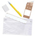 A pencil case containing colored pencils, a yellow pen, a ruler, an eraser, and a clear zippered pouch.