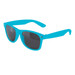 A pair of turquoise sunglasses with dark lenses and a sleek design, featuring a logo on the side. A pair of turquoise sunglasses with dark lenses and a sleek design, featuring a logo on the side.