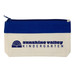 A pencil case in cream and blue, featuring a branded logo on the front and a zip closure at the top.