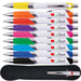 A collection of colorful plastic pens, including yellow, green, purple, orange, and pink, displayed on a black holder. A collection of colorful plastic pens, including yellow, green, purple, orange, and pink, displayed on a black holder.